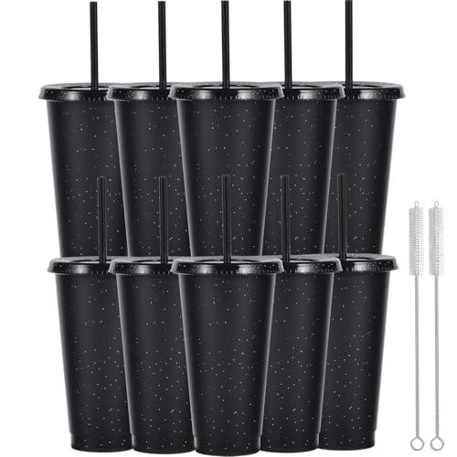 Yisituo Lot de 10 gobelets en plastique de 710 ml, avec couvercle et paille, pour adultes et enfants, réutilisables, parfaits pour les fêtes, la plage et les fêtes à la piscine (10, noir)