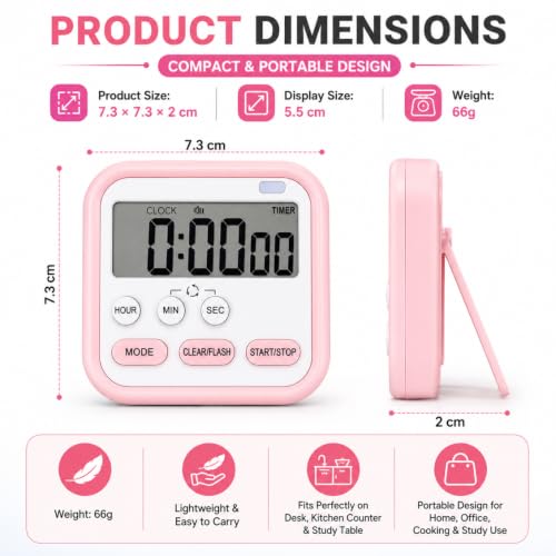 Image of Digital Magnetic Multi-Function Timer Clock with Large LCD Display, Loud Alarm, Retractable Stand, Stopwatch Stand Hanging Hole, Countdown Flashing Light, Dual-Purpose Time Management Clock (Pink)