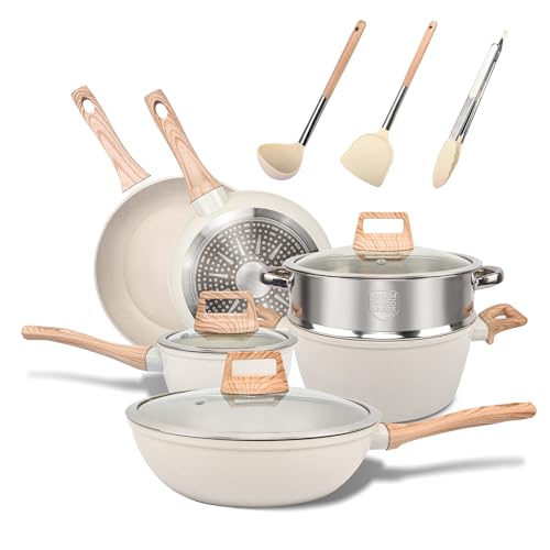 12Pcs Pots and Pans Set with Lids, Non-Stick Cookware Set, Granite Induction Cooking Set with Frying Pans, Saucepans, Steamer Silicone Shovel Spoon & Tongs - White