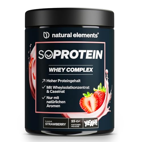 natural elements SoProtein Whey Complex Protein Pulver Erdbeergeschmack 690g 23g Protein pro Portion ideal zum Muskelaufbau perfekte Löslichkeit in Deutschland produziert & laborgeprüft