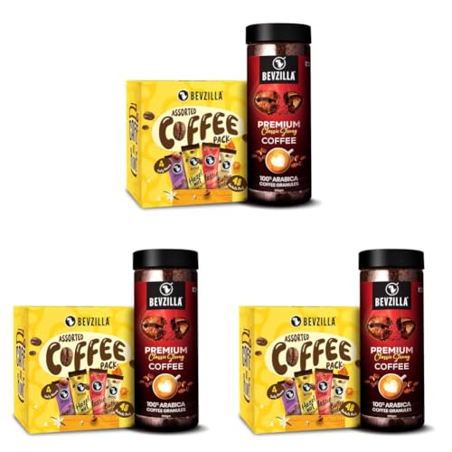 Image of Bevzilla 200g Classic Strong Instant Coffee Powder + 48 Assorted (4 Flavours) Instant Coffee Powder Sachets| Arabica Beans|Best For Espresso, Latte, Cappuccino|Enjoy Hot & Cold (Pack of 3)