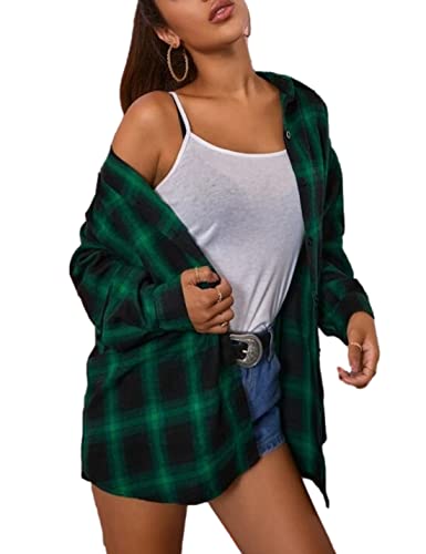 Image of HangNiFang Womens Flannel Plaid Shirts Oversized Button Shirts Blouse Tops