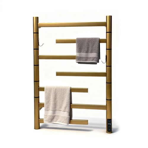 EWDPHW Heated Towel Rack Radiator, Electric Heated Towel Warmer Rack, 85W Gold Wall Mounted/Double Side Rotating Towel Warmer, 304 Stainless Steel Towel Heater Rack with Built-in Timer Plug in