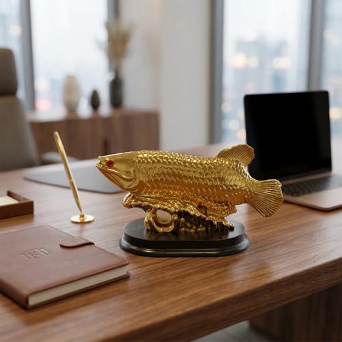 Image of Feng Shui Arowana Golden Fish Statue Lucky Wealth Fish Figurine for Prosperity, Success, Golden Feng Shui Fish Decor for Home Office, Good Luck Money Fish Showpiece, Vastu Decorative Gift (11.5 cm)