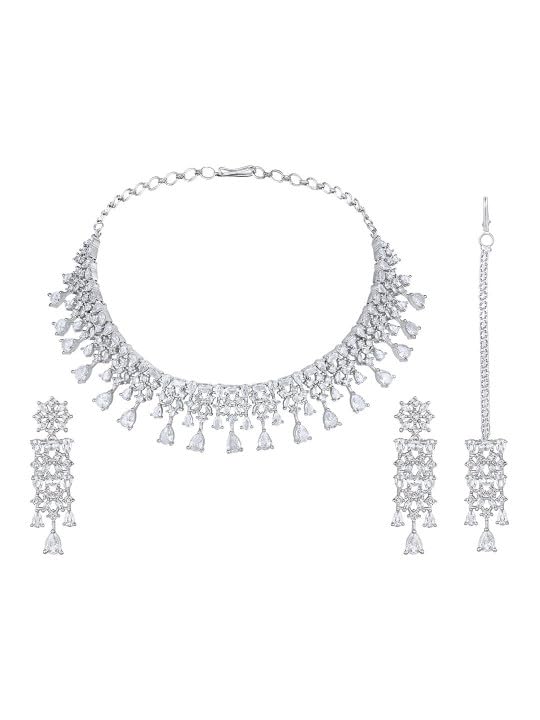 Image of ASMITTA Jewellery Silver American Diamond Necklace Set with Maang Tikka | Traditional Rhodium-Plated CZ Jewellery Sets for Women | Perfect for Bridal Weddings, Festivals & Special Occasions
