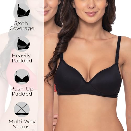 Image of Komli - Heavily Padded Push-Up Bra - Cotton Rich - Balconette - 3 /4th Coverage, Seamless, Wireless, Multiway Straps - T-Shirt Bra (Pack of 2)
