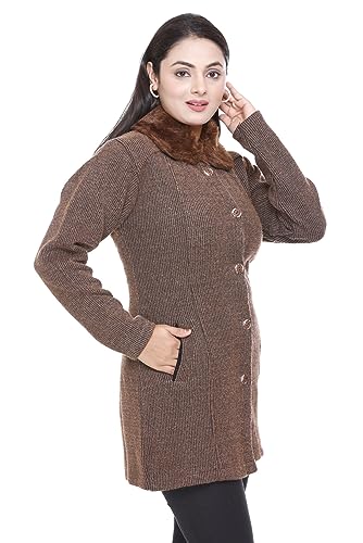 Image of Women Woolen Buttoned Fur Collar Neck Stylish Party Winter Wear Coat Cardigan Sweater