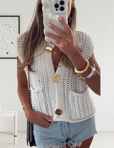 Women's Chunky Knit Vest Button Down Casual Sleeveless Cropped Crochet Sweater Cardigan with Pockets4