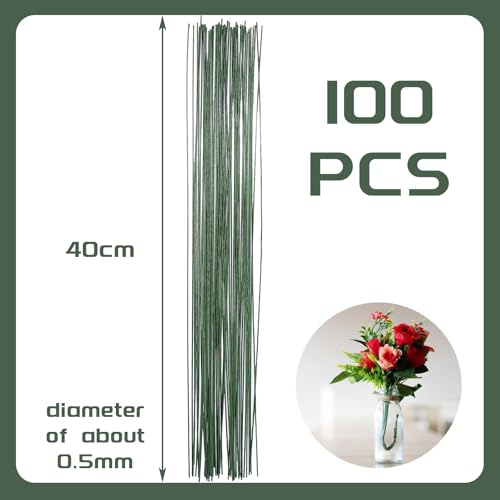 POPOYU 100Pcs Floristry Wires 0.5mm Paper Covered Wire,40CM FloristWire Stems for Flower Arranging Accessories,CraftWire Bouquet Wires for Garland Wreath Making,Flower Arranging Supplies(Dark green) - Image 2