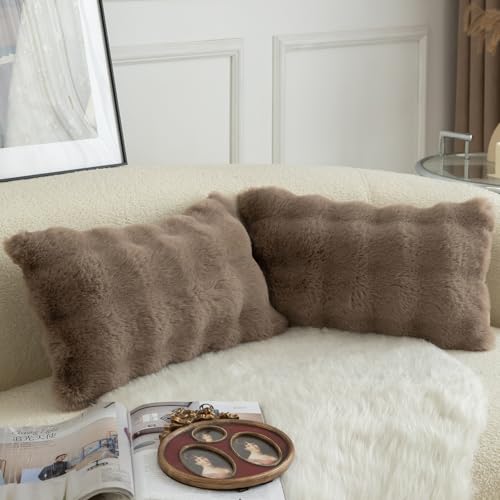 Image of MANDIOO Pack of 2 Thick Plush Wool Decorative Throw Pillow Covers Super Soft Wave Bubble Fur Velvet Cushion Covers Pillow Shams for Couch Bed Living Room 12x20 Inch Taupe