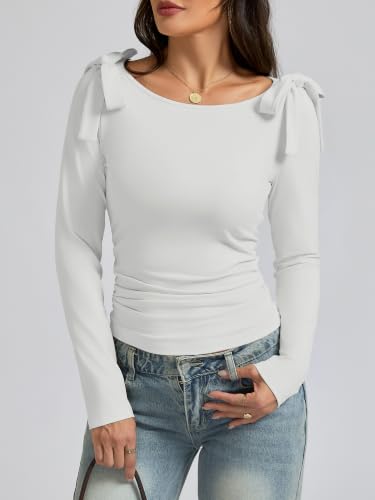 Women's Cute Tie Shoulder Ruched Tops - image 2