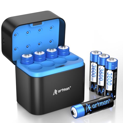 Artman Rechargeable AA Batteries Lithium with Fast Charger, 8 Pack 3600mWh AA Lithium Batteries for Blink Outdoor Camera, 1.5V Constant Output Double A Battery with 2000+ Cycles Charging Time (Black)