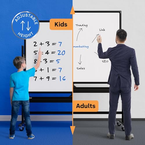 Image of Rolling Dry Erase Board 60 x 46 - Large Portable Magnetic Whiteboard with Stand - Double Sided Easel Style with Wheels - Mobile Standing Whiteboard for Office, Classroom & Home