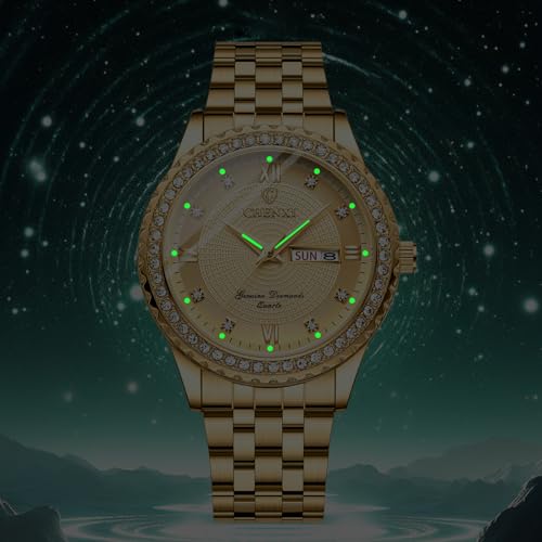 Image of JewelryWe Couple Gold Quartz Watch: Business Analog Full Diamond Day Date 3ATM Waterproof Luminous Hands Stainless Steel Removable Strap Casual Wrist Watch for Father's Day