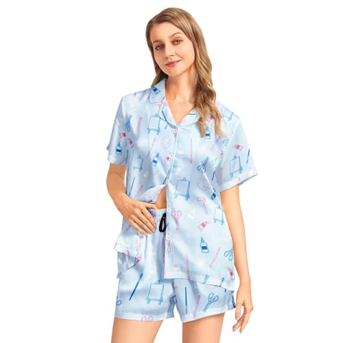 Image of Funny Pajamas for Women Set Print Satin Loungewear Pjs Short Sleeve Button Down Top and Shorts Sets Sleepwear XS-3XL