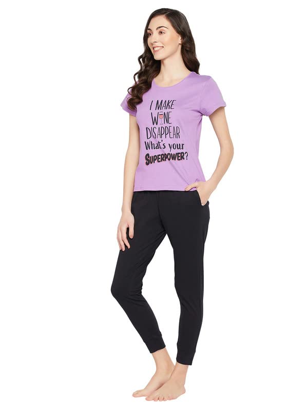 Image of Clovia Women's Cotton Text & Graphic Print Relaxed Top & Solid Jogger Pyjama Set