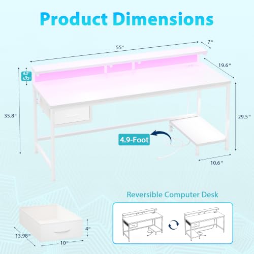 Image of DurayLoly 55 inch Computer Desk with Power Outlet & Fabric Drawer,White