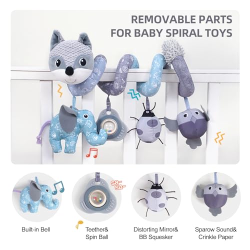 Image of Koty Car Seat Toys, Infant Baby Spiral Plush Activity Hanging Toy for Stroller Bar Pram Crib with Music Box BB Squeaker & Rattles(Gray Fox)