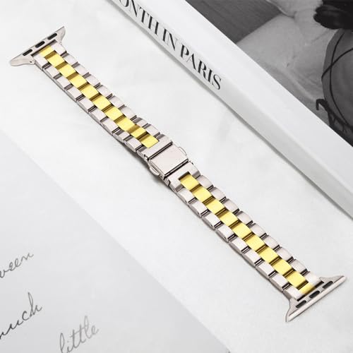 Image of Melyis Slim Metal Band Compatible with Apple Watch Bands for Women 46mm 44mm 45mm 42mm 49mm, Premium Stainless Steel iWatch Bands for Apple Watch Band Series 11 10 9 SE 8 7 6 5 4 3 2 Ultra-Starlight /Gold