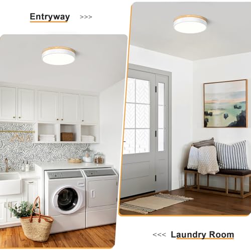 Image of Dimmable LED Wood White Round Flush Mount Ceiling Light 11.81 Inch