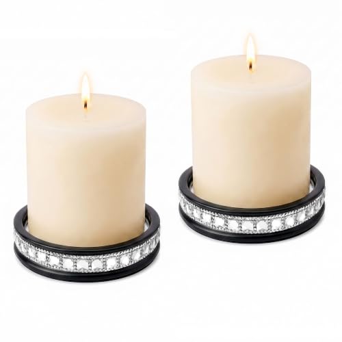 Pillar Candle Holders, 2 pcs Black Candle Plate, 4.7“ Crystal Decor Dish