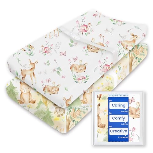 Image of Changing Pad Cover for Girls Boys, TotBasic Premium Soft Changing Table Covers, Stretchy Jersey Changing Table Sheets - Fits All Standard Changing Pads - 2 Pack (Forest Bear & Bambi Deer)