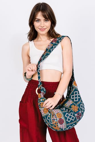 Image of Hobo Crossbody Bag for Women - Handmade Cotton Boho Purse with Wooden Ring | Lightweight Slouchy Shoulder Sling Tote Bag