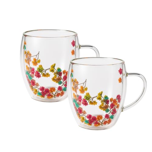 Image of La' Forte LA' Vite Set of 2 - 250ml Double-Walled Borosilicate Glass Cups | Transparent Insulated Coffee Mugs for Hot & Cold Beverages with Real Dried Flowers Inside (Plain)