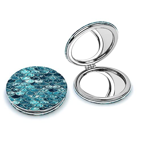 Wirester Round Foldable Pu Leather Compact Pocket Purse Makeup Mirror, Dual Sided Travel Mirror With 2X 1X Magnification - Mermaid Scales Blue Wave #TOP7