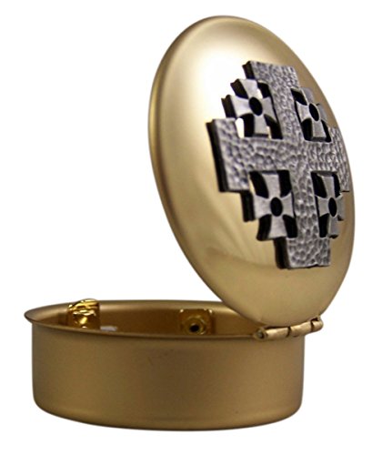 Catholic Pyx Small Eucharist Pyx with Pewter Jerusalem Cross, Polished Brass, 1 1/2 Inch