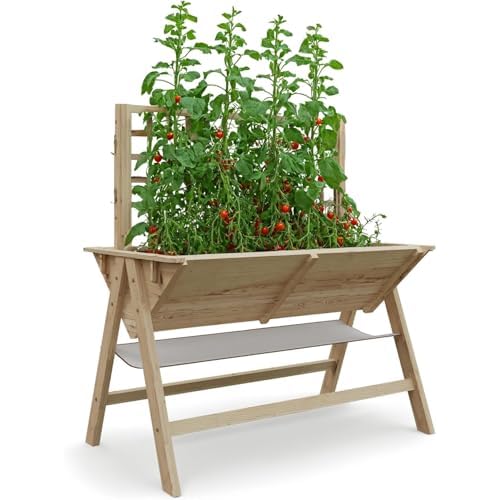 52x30x54 in Elevated Garden Bed with Legs, Tall Wooden Planter Box with Climbing Trellis, Outdoor Standing Raised Bed for Vegetables, Flowers, and Her