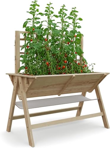 52x30x54In Elevated Garden Bed with Legs, Tall Wooden Planter Box with Climbing Trellis, Outdoor Standing Raised Bed for Vegetables, Flowers, and Herbs-Natural