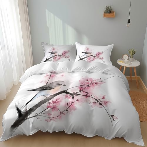 Housse de couette 200 x 200 cm motif fleurs et oiseaux de peinture à l'encre, parure de lit style chinois fermeture éclair - housse de couette linge de lit 2...