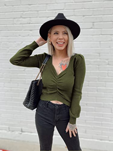 Prettygarden Women’s Chic V Neck Long Sleeve Knit Ruched Tops Ribbed Off Shoulder Tunic Pullover Sweater (Olive Green, Small, S) #TOP1