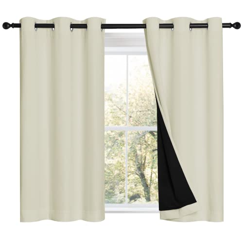 NICETOWN Cold Reducing Curtains, Bedroom Full Blackout Panels, Super Thick Insulated Window Covers, Complete Blackout Draperies with Black Liner for Short Window (Beige, Set of 2, 42 by 45-inch)