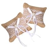 FOMIYES Almohada para Anillos de Boda de Lino Encaje y Perlas, Cojín Pequeño para Portador de Anillos, Decoración Romántica para Ceremonia Nupcial, 2 Piezas