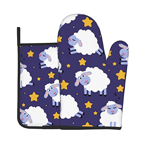Sheep Printed Oven Mitts And Pot Holders Sets (2-Piece Set) With Durable Heat Resistant For Bbq, Baking, Cooking #TOP7