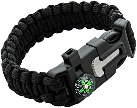 SDS Survival Paracord Bracelet - Black Emergency Whistle Hiking Compass Camping Fire Starter Kit Tactical Bracelet