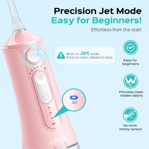Image of COSLUS ADA Accepted C51 Water Dental Flosser for Teeth, 3 Modes 6 Pressure | Water Dental Pick for Orthodontic, Braces, Sensitive Gums, Multiple Users, Compact for Travel Built-in Nozzle Storage, Pink