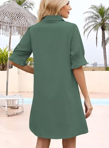Image of Womens Summer Shirt Mini Beach Dresses | Flowy Shift Dress, Button V Neck, Polo Collar, Ruffle Short Sleeve, Floral Boho Style, Casual Vacation Outfits with Pockets