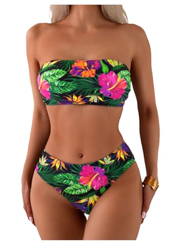 GORGLITTER Women's Strapless Bandeau Bikini Floral Tropical High Waisted Full Coverage Bathing Suits Swimsuit