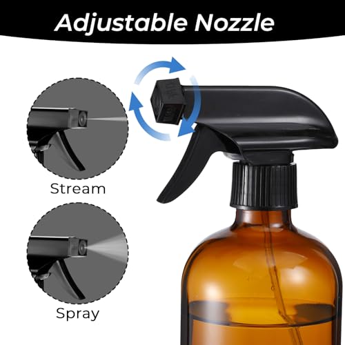 6 Pack Amber Glass Spray Bottles, Refillable 16 oz Empty Bottle with Durable Adjustable Nozzles for Cleaning Solution, Spray Bottles for Hair, Plants, Cleaner, Essential Oil3