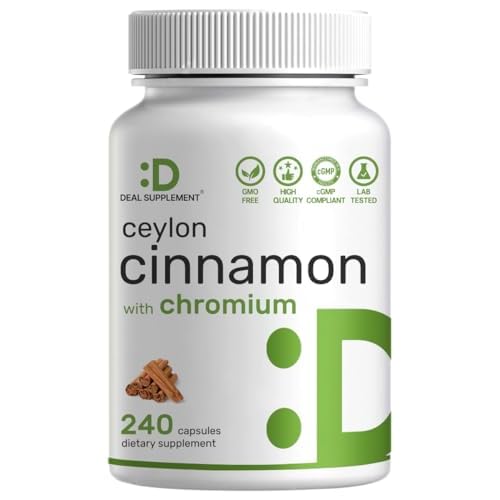 Ceylon Cinnamon with Chromium 1000mcg, 240 Capsules | Active Inner Bark Extract, True Sri Lanka Source | Natural Cinnamon Supplements