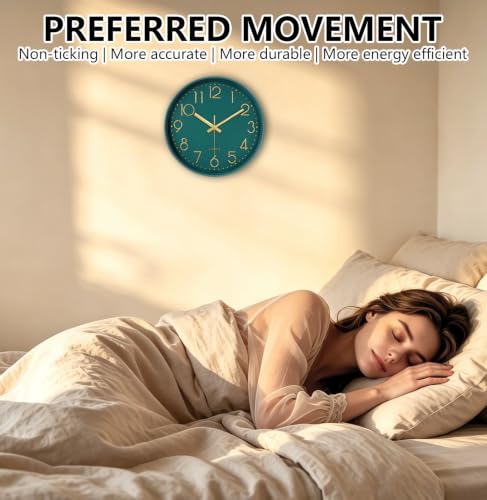 Image of Modern Silent Wall Clock, 14 Inch Wall Clocks Battery Operated | Large Number, Non-Ticking Analog Clock with Tempered Glass Quartz Clocks for Living Room Bedroom Office Kitchen, Dark Green