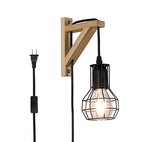 Modern Industrial Plug in Cord Cage Wall Lamp Lift Pipe - Black Wood Retro Rustic Pendant Lamp Adjustable Hanging Wall Mount Light Fixture - Indoor Wall Sconces Decoration for Living Room Kid Bedroom