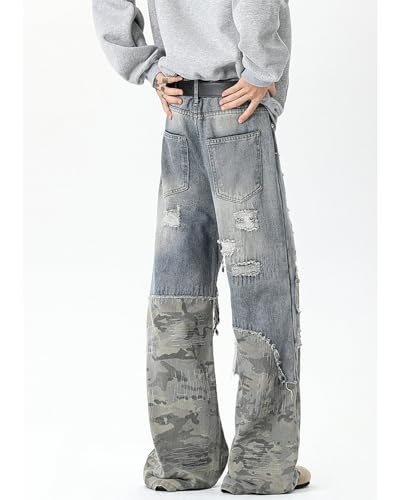 Mens Straight Jeans Mid-Rise Loose Casual Stitching Wide-Leg Raw Edge Fashion Mopping Trousers with Pockets4