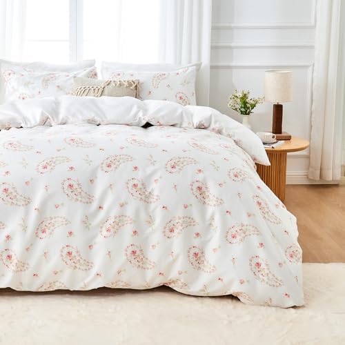 HITIME 100% Polyester Printed Duvet Cover Set - Queen 3 Piece Lightweight & Breathable Bedding Set, Soft Microfiber Comforter Cover with Zipper Closure,Pink Rose Paisley