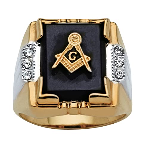 Palm Beach Jewelry Men's Yellow Gold-Plated Emerald Cut Natural Black Onyx and Round Crystal Two Tone Masonic Ring Sizes 8-16 Size 11