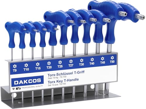 DAKCOS 10 pcs Jeu de clés Allen Torx avec poignée en T Clés mâles Torx avec trou frontal pour Vis TORX femelles T9-T50, Cr-V