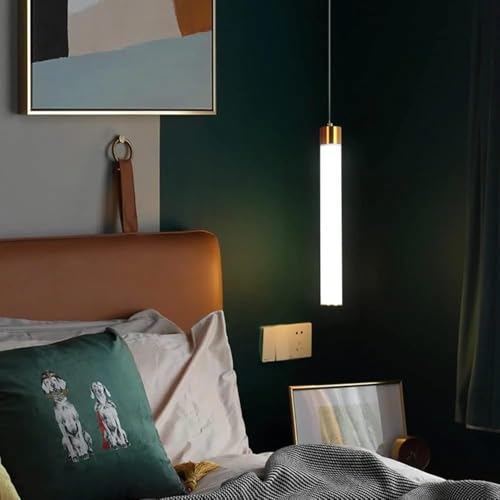 Image of Modern Hanging Light for Living Room Bedroom | Slim Cylindrical Pendant Lamp with Gold Accent | 3 Color Modes (Warm White, Natural White, Cool White) Ceiling Lights for Home Decoration
